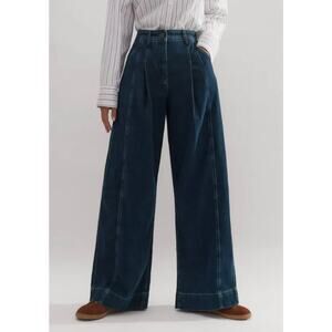 ME+EM Soft Denim Pleated Pants Mid Wash Jean Denim Trousers 2 Wide Leg High